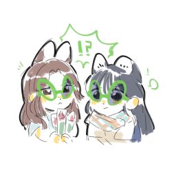 Rule 34 | !, !?, 2girls, :&lt;, :/, actor connection, alien sunglasses, animal ears, black hair, broken eyewear, brown eyes, brown hair, choi kyung, closed mouth, commentary, eye contact, flower, friendly rivalry, frown, highres, holding, holding flower, joo ye-ri, kang hye-won, kemonomimi mode, long hair, looking at another, multiple girls, oh woo-ri, orange scarf, parted bangs, photo-referenced, plaid clothes, plaid scarf, real life, red flower, scarf, spoken interrobang, symbol-only commentary, v-shaped eyebrows, woodonly