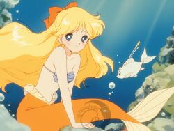 1boy 1fish aino_minako bikini bishoujo_senshi_sailor_moon blonde_hair blue_eyes breasts cleavage fairyrebellion fish medium_breasts mermaid monster_girl shell shell_bikini swimsuit underwater