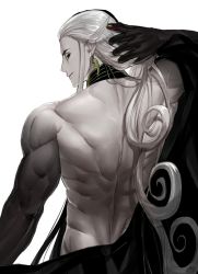 1boy arms_behind_head ashiya_douman_(fate) asymmetrical_hair ayamatazu back back_focus black_eyes black_hair curly_hair earrings evil_smile eyeshadow fate/grand_order fate_(series) fingernails from_behind green_eyeshadow green_lips green_nails hair_between_eyes hair_intakes highres jewelry long_hair looking_at_viewer looking_back magatama magatama_earrings makeup male_focus multicolored_hair nail_polish official_alternate_costume onmyouji sharp_fingernails simple_background smile solo toned toned_male two-tone_hair undressing upper_body very_long_fingernails very_long_hair white_background white_hair