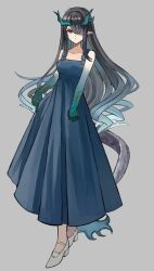 Rule 34 | 1girl, :/, absurdres, aqua hair, arknights, bare arms, bare shoulders, black hair, blue dress, closed mouth, collarbone, colored extremities, dragon girl, dragon horns, dragon tail, dress, dusk (arknights), expressionless, full body, gradient hair, grey background, grey shoes, hair over one eye, high heels, highres, horns, long hair, looking at viewer, multicolored hair, no socks, one eye covered, pinafore dress, pointy ears, shoes, simple background, sleeveless, sleeveless dress, solo, standing, tail, udo (akn otk), yellow eyes