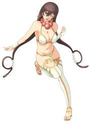 1girl absurdres bead_necklace beads bikini breasts bridal_gauntlets brown_hair cleavage earrings fate/grand_order fate_(series) hair_rings highres hoop_earrings jewelry large_breasts long_hair looking_at_viewer navel necklace one_eye_closed prayer_beads purple_eyes sandals skindentation swimsuit thick_thighs thighhighs thighs twintails umachan_(umapotato) very_long_hair white_bikini xuangzang_sanzang_(fate)