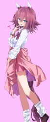 1girl alternate_costume animal_ears blue_eyes blush breasts commentary_request full_body hair_between_eyes hair_flaps hair_ornament highres horse_ears horse_girl horse_tail looking_at_viewer mamezou_(tzakki023) pink_background sakura_chiyono_o_(umamusume) socks solo standing tail tongue tongue_out umamusume