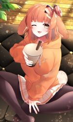 1girl ;3 absurdres animal_ears black_pantyhose blush bow bubble_tea commentary dot_nose drawstring drink drinking_straw english_commentary hair_bow highres holding holding_drink hood hoodie mintxnao miuna_usako no_shoes one_eye_closed open_mouth orange_bow orange_hair orange_hoodie pantyhose pixellink plant pleated_skirt rabbit_ears second-party_source skirt solo tongue virtual_youtuber white_skirt yellow_eyes
