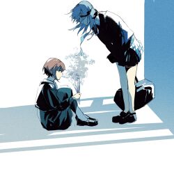 2girls bag bang_dream! bang_dream!_it&#039;s_mygo!!!!! blue_hair brown_eyes chinese_commentary commentary_request e-fa-dorn floating_hair grey_hair highres long_hair long_sleeves multiple_girls plaid_clothes plaid_skirt school_bag school_uniform shoes short_hair sidelocks sitting skirt standing takamatsu_tomori togawa_sakiko tsukinomori_school_uniform