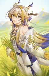 1girl arknights bare_shoulders bead_necklace beads blonde_hair breasts brooch closed_mouth collarbone dragon_girl dragon_horns dragon_tail earrings eastern_dragon_horns eastern_dragon_tail hair_between_eyes hair_ornament harutsun highres horns jewelry long_hair long_sleeves looking_at_viewer necklace pointy_ears rice_(plant) rice_paddy shu_(arknights) small_breasts smile solo strapless tail tassel tassel_earrings tube_top white_tube_top