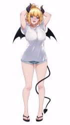 1girl :d absurdres aqua_eyes arms_up bare_legs bikini bikini_visible_through_clothes black_bikini black_horns blonde_hair blue_shorts breasts commentary demon_girl demon_horns demon_tail demon_wings english_commentary full_body gradient_hair highres hololive horn_ornament horn_ring horns large_breasts looking_at_viewer mixed-language_commentary multicolored_hair open_mouth p-nekoe pink_hair pointy_ears romaji_commentary sandals shirt short_hair short_shorts short_sleeves shorts simple_background smile solo standing swimsuit t-shirt tail tail_around_own_leg teeth toes tying_hair upper_teeth_only virtual_youtuber white_background white_shirt wings yuzuki_choco