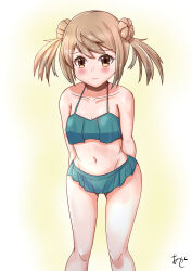 1girl akashieru bikini bikini_skirt blush breasts brown_eyes brown_hair cosplay cowboy_shot double_bun embarrassed gradient_background green_bikini hair_bun highres kantai_collection kasumi_(kancolle) kasumi_(kancolle)_(cosplay) kasumi_kai_ni_(kancolle) kasumi_kai_ni_(swimsuit)_(kancolle) light_brown_hair michishio_(kancolle) navel short_twintails small_breasts solo swimsuit twintails yellow_background