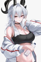 1girl absurdres alternate_costume bare_shoulders black_choker black_horns black_sports_bra bottle breasts choker cleavage commentary duplicate earrings hair_between_eyes hair_intakes hands_up highres holding holding_bottle holding_towel horns jacket jewelry key_earrings kkubuk92 large_breasts long_hair long_sleeves looking_at_viewer multicolored_hair off_shoulder plastic_bottle puffy_long_sleeves puffy_sleeves red_eyes red_streaks single_earring solo sports_bra streaked_hair sweat towel towel_around_neck water_bottle white_hair white_jacket wiping_sweat wuthering_waves zani_(wuthering_waves)