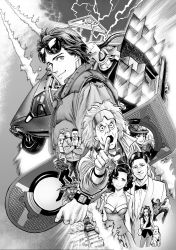 3girls 6+boys absurdres animification back_to_the_future back_to_the_future_part_ii back_to_the_future_part_iii baseball_bat bat_(animal) biff_tannen biff_tannen_junior breasts buford_tannen car christopher_lloyd clara_clayton cleavage delorean dog dress earrings einstein_(back_to_the_future) electric_guitar emmett_brown eyewear_on_head formal_clothes george_mcfly greyscale guitar hat highres instrument jennifer_parker jewelry lightning lorraine_baines marty_mcfly michael_j._fox monochrome motor_vehicle multiple_boys multiple_girls murata_yuusuke pointing pointing_at_viewer railroad_tracks skateboard smile suit sunglasses train universal_studios vest
