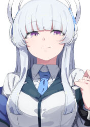 1girl absurdres blue_archive blue_necktie blunt_bangs blush book closed_mouth csham highres holding holding_book jacket long_hair looking_at_viewer necktie noa_(blue_archive) purple_eyes shirt sidelocks smile solo upper_body white_hair white_jacket white_shirt