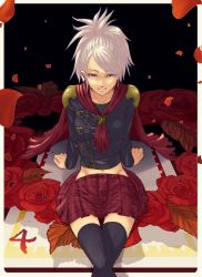 1girl black_thighhighs blue_eyes cape collarbone female_focus final_fantasy final_fantasy_type-0 flower groin hair_over_one_eye highres holixholi long_hair looking_at_viewer midriff navel ponytail rose school_uniform sice_(fft-0) silver_hair sitting skirt smile solo thighhighs zettai_ryouiki