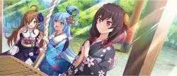 Rule 34 | 3girls, :d, ahoge, aqua (konosuba), black kimono, blue hair, blue kimono, bow, box, braid, brown hair, crown braid, day, donation box, dot nose, expressionless, floral print, floral print kimono, flower, fur-trimmed kimono, fur trim, furisode, game cg, green eyes, hair bow, hair flower, hair ornament, hair over one eye, hair rings, hands up, highres, japanese clothes, kimono, kono subarashii sekai ni shukufuku wo!, konosuba! fantastic days, long hair, medium hair, multiple girls, obi, official art, open mouth, outdoors, own hands together, pillar, pink flower, praying, print kimono, purple flower, red bow, red eyes, rope, sash, shrine, single hair ring, smile, sunlight, third-party source, tree, wiz (konosuba), yellow eyes, yunyun (konosuba)