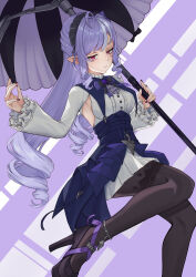 Rule 34 | 1girl, absurdres, black hairband, black nails, black pantyhose, black shoes, breasts, center frills, commentary, drill hair, foot out of frame, frills, hairband, hello haru, high heels, highres, holding, holding umbrella, long hair, pantyhose, pointy ears, purple background, purple hair, purple umbrella, red eyes, shoes, sideboob cutout, sidelocks, simple background, solo, umbrella, vivian banshee, zenless zone zero