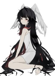 1girl barefoot black_hair blunt_bangs bright_pupils camisole colored_tips columbina_(genshin_impact) constricted_pupils feathered_wings from_side genshin_impact hair_spread_out head_wings highres light_blush long_hair looking_at_viewer mofu163 multicolored_hair multiple_wings parted_lips red_eyes red_hair sidelocks sitting sketch solo spaghetti_strap tsurime very_long_hair wariza white_background white_camisole white_mouth white_pupils white_wings wings