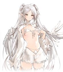 1girl aged_up alternate_costume angel_wings artist_name bra breasts commentary covered_erect_nipples english_commentary feathered_wings frieren green_eyes hand_up highres long_hair long_pointy_ears long_sleeves navel nevercrymoon paid_reward_available panties parted_bangs parted_lips patreon_username perky_breasts pointy_ears shrug_(clothing) simple_background skirt sleeves_past_fingers sleeves_past_wrists solo sousou_no_frieren thighhighs underwear watermark web_address white_background white_bra white_hair white_panties white_shrug white_skirt white_theme white_thighhighs white_wings wings