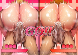 2boys 2girls absurdres ass ass_focus carrying carrying_person cum cum_in_pussy erection facing_away from_below gameplay_mechanics highres huge_penis mario_(series) motion_blur multiple_boys multiple_girls mushroom nintendo penis plump precum precum_string princess_daisy princess_peach rough_sex sex shiny_skin shiro3shiro3 suspended_congress testicles vaginal
