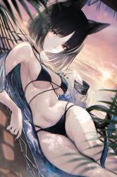 1girl absurdres animal_ear_fluff animal_ears bare_shoulders bikini black_bikini black_eyes black_hair black_nails blue_archive blue_haori blush cat_ears cat_girl closed_mouth haori highres japanese_clothes kikyou_(blue_archive) kikyou_(swimsuit)_(blue_archive) looking_at_viewer navel official_alternate_costume parted_bangs renoahh short_hair smile solo stomach swimsuit