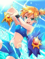 1girl adapted_costume asymmetrical_hair bikini blue_shirt breasts cowboy_shot creatures_(company) game_freak gen_1_pokemon green_eyes gym_leader kicori legs misty_(pokemon) navel nintendo one_eye_closed orange_hair pokemon pokemon_(creature) pokemon_frlg ponytail pool red_hair shirt short_hair side_ponytail solo spandex starmie staryu swimsuit thighs water wet