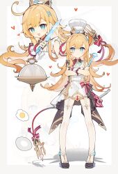 1girl :d absurdres ahoge aqua_eyes black_shoes blonde_hair blue_eyes bow chef_hat child commentary_request crossed_arms dress egg escoffier_(genshin_impact) food fried_egg frying_pan full_body genshin_impact hair_ornament hat heart highres holding holding_knife knife laoxi_(kei) long_hair looking_at_viewer multiple_views open_mouth orange_hair shoes sleeveless smile soup_ladle standing thighhighs toque_blanche very_long_hair white_background white_dress