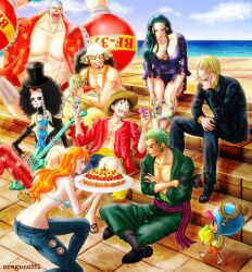 Rule 34 | 2girls, 6+boys, afro, alternate color, antlers, arms up, bikini, birthday cake, black suit, blonde hair, breasts, brook (one piece), buzz cut, cake, cigarette, crossed legs, denim, facial hair, flower wreath, food, formal clothes, franky (one piece), gift, goatee, green bikini, green hair, guitar, haramaki, hat, headphones, highres, holding, holding cigarette, holding gift, holding guitar, holding instrument, horns, instrument, jeans, large breasts, long hair, long sleeves, looking at another, mixed-language commentary, monkey d. luffy, multiple boys, multiple girls, nami (one piece), nami (one piece) (return to sabaody), nico robin, nico robin (fish-man island), ocean, official alternate costume, one piece, open mouth, oregano551, outdoors, pants, red shirt, reindeer antlers, roronoa zoro, sanji (one piece), sash, shirt, short hair, sideburns, sidelocks, sitting, smile, straw hat, straw hat pirates, striped bikini, striped clothes, suit, swimsuit, tony tony chopper, twitter username, underboob, usopp, very short hair, water, yellow sash, yellow shirt