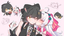 2girls ahoge bare_shoulders black_bow black_hair blush bow breasts carlotta_(wuthering_waves) chibi chibi_inset closed_eyes closed_mouth commentary_request earrings female_rover_(wuthering_waves) hair_bow hairband highres jewelry kiss kissing_cheek large_breasts long_hair maysrain5 multiple_girls one_eye_closed pink_background pink_bow pink_hairband rover_(wuthering_waves) signature striped_bow tacet_mark_(wuthering_waves) white_hair wuthering_waves yellow_eyes yuri zzz
