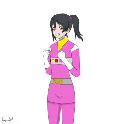 1girl artist_name artist_request black_hair blush bow breasts cosplay denji_sentai_megaranger female_focus hair_between_eyes hair_bow leopauldelr long_hair looking_at_viewer love_live! love_live!_school_idol_project megapink megapink_(cosplay) parted_lips red_eyes short_hair short_twintails smile solo super_sentai twintails yazawa_nico