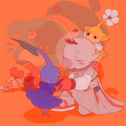 1boy adapted_costume adjusting_another&#039;s_clothes animal backpack bad_tag bag big_nose black_eyes bloomers blue_hanbok blue_pikmin blue_shirt blue_skin blush_stickers brown_hair brown_hanbok closed_eyes clothed_animal colored_skin creature_on_head dog floppy_ears flower flying_sweatdrops gloves green_hanbok half-closed_eyes hanbok happy helmet highres holding holding_unworn_clothes korean_clothes leaf leaning_forward long_sleeves looking_at_another male_focus moss_(pikmin) new_year nintendo olimar on_one_knee open_mouth orange_background orange_eyes outstretched_arms oversized_animal pikmin_(creature) pikmin_(series) pointy_ears puffy_long_sleeves puffy_sleeves radio_antenna red_bag red_bloomers red_gloves red_hanbok red_pikmin shadow shirt short_hair simple_background sitting smile space_helmet spacesuit standing tongue underwear very_short_hair waist_tassel water_lily_flower whistle white_flower white_shirt wide_sleeves yellow_hanbok yellow_pikmin yellow_skin yu_pikmin
