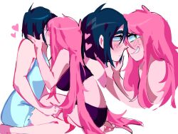 2girls alien_stage black_bra black_hair black_panties bra commentary dress green_eyes heart highres kiss long_hair m0nacrose mizi_(alien_stage) multiple_girls panties purple_eyes short_hair simple_background smile sua_(alien_stage) underwear very_long_hair white_background white_dress yuri