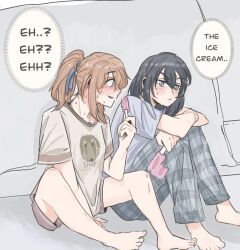 2girls barefoot black_hair blue_eyes blue_pants blue_ribbon blush brown_hair closed_mouth commentary elephon english_commentary english_text food hair_ribbon highres holding holding_food holding_popsicle jewelry long_hair miyagi_shiori multiple_girls necklace pants parted_lips plaid_clothes plaid_pants ponytail popsicle purple_shirt ribbon sendai_hazuki shirt short_sleeves shuuniichido_classmate_wo_kau_hanashi sitting speech_bubble sweat toes white_shirt