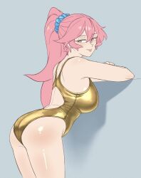 ass blue_background breasts ear_piercing golden_week highres large_breasts long_hair one-piece_swimsuit original piercing pink_eyes pink_hair rida_(vibrantrida) scrunchie simple_background swimsuit tongue tongue_out vibrantrida