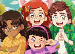 1990s_(style) 4girls abby_(turning_red) animification beanie black_hair braces brenni_murasaki brown_eyes brown_hair clip_studio_paint_(medium) commentary crossover dark-skinned_female dark_skin earrings faux_retro_artstyle glasses hat jewelry looking_at_viewer meilin_lee miriam_(turning_red) multiple_girls open_mouth overalls priya_(turning_red) retro_artstyle shirt smile symbol-only_commentary turning_red