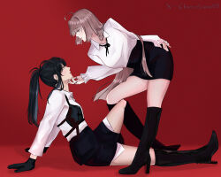 2girls black_boots black_gloves black_hair black_skirt blush boots brown_hair cherie_luna chief_(path_to_nowhere) commentary english_commentary female_chief_(path_to_nowhere) gloves hand_on_another&#039;s_chin high_heel_boots high_heels highres jewelry knee_boots long_hair long_sleeves looking_at_another multiple_girls multiple_rings original parted_lips path_to_nowhere ponytail rahu_(path_to_nowhere) red_background red_velvet_(group) ring shirt skirt twitter_username white_shirt yuri