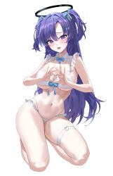1girl alternate_costume bikini blue_archive blush hair_between_eyes hido88 highres long_hair looking_at_viewer maid maid_bikini navel open_mouth purple_eyes purple_hair solo stomach swimsuit teeth two_side_up unconventional_maid upper_teeth_only white_bikini yuuka_(blue_archive)