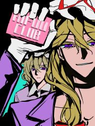 bar_soap black_choker blonde_hair bow choker commentary crossover english_commentary fight_club gloves green_background hair_bow hat hat_ribbon highres long_hair long_sleeves looking_at_viewer maribel_hearn medium_hair mob_cap poster_parody poxiao354 purple_eyes purple_shirt red_bow red_ribbon ribbon shirt smirk soap touhou white_gloves white_hat yakumo_yukari