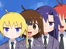 Rule 34 | 1girl, 4girls, antenna hair, black necktie, black ribbon, blonde hair, blue eyes, blush, brown eyes, brown hair, closed mouth, collared shirt, english text, fangs, g gundam, goshiki agiri, green eyes, grey jacket, gundam, hair ribbon, highres, jacket, kill me baby, long hair, looking at viewer, multiple girls, necktie, open mouth, oribe yasuna, parody, purple eyes, purple hair, red hair, ribbon, school uniform, shirt, short hair, sky, sonya (kill me baby), unused character (kill me baby), upper body, white shirt, yachima tana