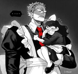 ... 1boy 1girl aged_down angry apron baby_5 black_dress black_hair blonde_hair blush bow buksillee carrying carrying_person commentary crying donquixote_doflamingo dress earrings english_commentary hair_bow highres jewelry long_hair maid_apron maid_headdress necktie one_piece partially_colored red_necktie short_hair sunglasses upper_body