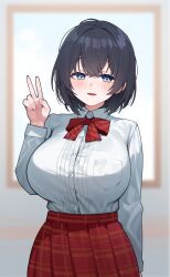 1girl :d alternate_hairstyle arm_at_side black_hair blue_eyes blurry blurry_background blush bow breast_pocket breasts collared_shirt commentary_request cowboy_shot dress_shirt hand_up highres korean_commentary large_breasts long_sleeves looking_at_viewer open_mouth plaid_clothes plaid_skirt pleated_skirt pocket red_bow red_skirt sangobob school_uniform shirayuki_hina shirt shirt_tucked_in short_hair skirt smile solo standing stellive straight_hair striped_bow v virtual_youtuber white_shirt