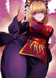 1girl absurdres belt black_belt black_dress black_hat blonde_hair breasts chinese_clothes closed_mouth commentary_request cowboy_shot crescent crescent_print dalachi_(headdress) dress energy floral_print hair_between_eyes hands_up hat highres junko_(touhou) junko_day large_breasts long_hair long_sleeves looking_at_viewer mandarin_collar phoenix_print pom_pom_(clothes) red_eyes red_lips red_tabard simple_background smile solo standing tabard takana_(forsterite) tassel touhou white_background wide_sleeves