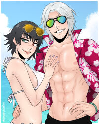 1boy 1girl abs arm_around_waist beach bikini black_hair blue_sky cloud dangerousbride dante_(devil_may_cry) devil_may_cry_(series) eyewear_on_head green_eyes hand_on_another&#039;s_chest heterochromia highres lady_(devil_may_cry) navel red_eyes scar scar_on_face scar_on_nose sky smile summer swimsuit tinted_eyewear white_bikini white_hair