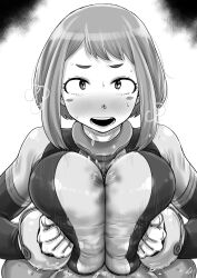 1boy 1girl blush bodysuit boku_no_hero_academia breasts kaiman_garupan large_breasts paizuri paizuri_over_clothes pov short_hair uraraka_ochako