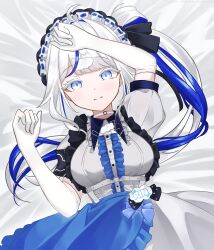 1girl absurdres ahoge aokumo_rin apron arm_up bed_sheet blue_apron blue_bow blue_hair bow breasts center_frills character_name choker commentary_request dress elbow_gloves frilled_apron frilled_dress frills gloves hair_ornament hideris highres korean_commentary large_breasts light_smile looking_at_viewer lying maid maid_apron maid_headdress mixed-language_commentary multicolored_hair on_back on_bed solo stellive streaked_hair virtual_youtuber white_choker white_gloves white_hair