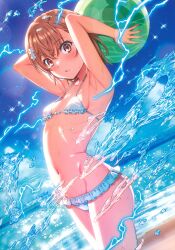 1girl 2024 20s absurdres armpits arms_behind_head ball bare_shoulders beach beachball bikini blush breasts brown_eyes brown_hair cleft_of_venus collarbone day electricity electrokinesis flower from_side hair_flower hair_ornament highres horizon isshi_pyuma looking_at_viewer looking_to_the_side matching_hair/eyes misaka_mikoto navel ocean outdoors parted_lips ribs sand scan short_hair sky small_breasts solo standing stomach sunlight swimsuit teeth thighs toaru_kagaku_no_railgun toaru_majutsu_no_index water water_drop wet
