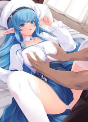 1boy 1girl :o blue_eyes blue_hair clothing_request collarbone commentary_request curtains detached_collar elf frilled_sleeves frills gem groping hat hetero kirishima_satoshi long_hair lying on_back on_bed original panties pillow pointy_ears sidelocks spread_legs thighhighs underwear white_hat white_panties white_thighhighs
