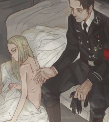 1boy 1girl age_difference bed blonde_hair blush clothed_male_nude_female feason flat_chest from_behind loli long_hair military military_uniform nazi nude ribs sitting skinny topless_female