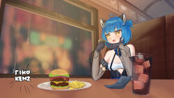 1girl absurdres animal_ears artist_name blue_hair blush blush_stickers breasts burger cola commission flat_chest gloves hair_ornament hairclip highres ice ice_cube idol_corp money open_mouth plate poko_rakun raccoon_ears rain rikokenz see-through_clothes see-through_sleeves short_hair small_breasts table virtual_youtuber wallet window