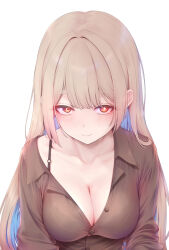 Rule 34 | 1girl, bare shoulders, blonde hair, blush, bra, bra strap, bra visible through clothes, breasts, brown shirt, cleavage, closed mouth, collarbone, healing luka, highres, indie virtual youtuber, large breasts, long hair, looking at viewer, nikuku (kazedesune), off-shoulder shirt, off shoulder, orange eyes, partially unbuttoned, see-through clothes, shirt, simple background, smile, solo, underwear, upper body, virtual youtuber, white background