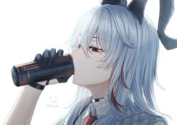 Rule 34 | 1girl, artist logo, black choker, black gloves, black horns, can, choker, collared shirt, commentary request, curled horns, dobu jelly, drink can, drinking, drooling, gloves, grey hair, hair between eyes, half-closed eyes, highres, holding, holding can, horns, logo, long hair, multicolored hair, necktie, portrait, red eyes, red necktie, shirt, simple background, solo, streaked hair, white background, white shirt, wuthering waves, zani (wuthering waves)