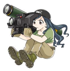 1girl anonymous_(japanese) belt black_hat blue_hair boots breasts brown_belt brown_boots brown_eyes brown_gloves brown_pants cleavage collarbone combat_boots crop_top curly_hair determined fgm-148_javelin from_side frown furrowed_brow gloves green_shirt hat holding holding_weapon japanon kraken_(japanon) kraken_regiment light_blush long_hair looking_to_the_side medium_breasts midriff military non-web_source original pants rocket_launcher shirt sitting solo squid squid_print transparent_background weapon