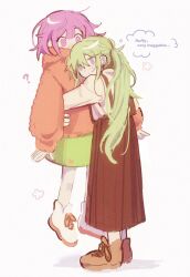 Rule 34 | 2girls, ?, arms at sides, brown shoes, brown skirt, carrying, carrying person, center-flap bangs, closed mouth, commentary, double-parted bangs, english commentary, english text, film grain, full body, green hair, green skirt, grin, hair between eyes, hair flaps, hair tie, highres, hood, hood down, hoodie, hug, kusanagi nene, long hair, long skirt, long sleeves, looking at another, luwwakk, miniskirt, multiple girls, ootori emu, orange hoodie, pink eyes, pink hair, ponytail, project sekai, puffy long sleeves, puffy sleeves, purple eyes, shadow, shirt, shoelaces, shoes, short hair, simple background, skirt, smile, speech bubble, standing, suspender skirt, suspenders, thought bubble, very long hair, white background, white shirt, white shoes