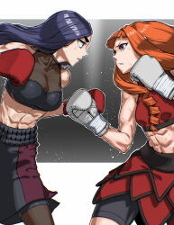 Rule 34 | 2girls, abs, boxing, boxing gloves, boxing shorts, breasts, crop top, eye contact, gloves, highres, imminent fight, long hair, looking at another, medium breasts, multiple girls, muscular, muscular female, original, pantyhose, purple hair, red eyes, red gloves, red hair, rggr, ringlets, shorts, simple background, sleeveless, sweat, white gloves